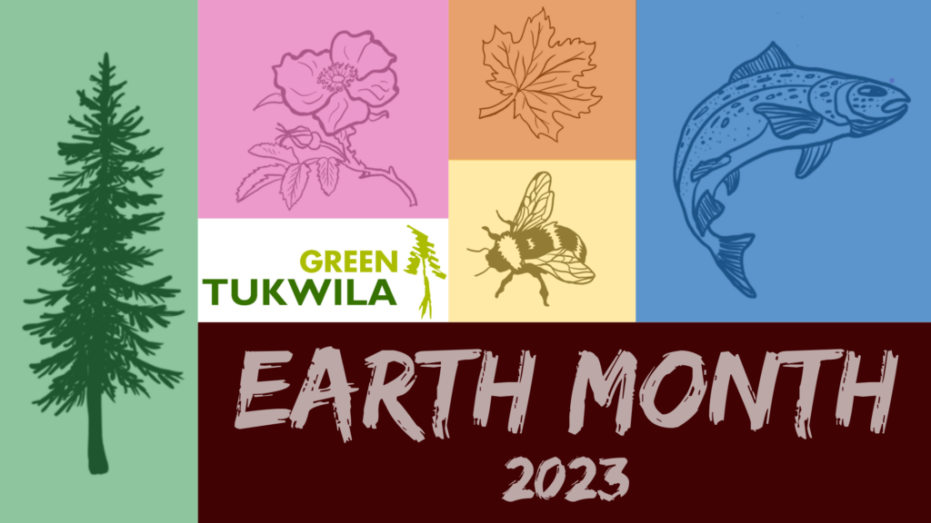 Earth Month banner, image of a tree, fish, flower, bee