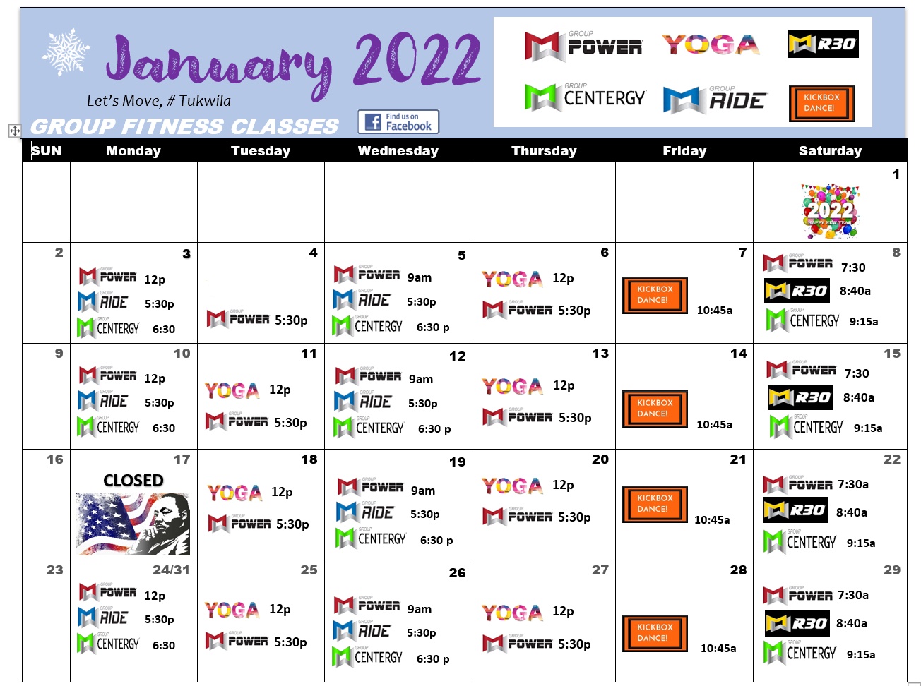 January 2022 Mossa Fit Calendar updated City of Tukwila